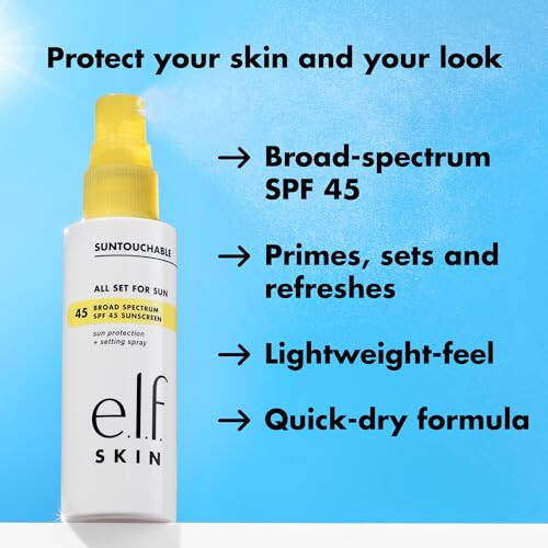 e.l.f. SKIN All Set For Sun SPF 45, Спрей-фиксатор с SPF 45 для стойкого макияжа, Невесомая, нежирная формула, Подходит для веганов, без жестокого обращения с животными, Упаковка может отличаться - 3