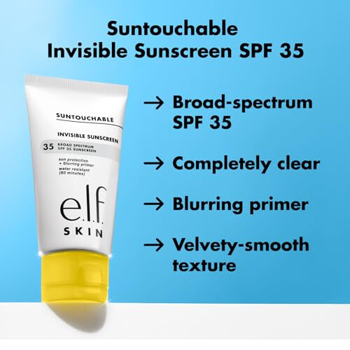 e.l.f. SKIN Suntouchable koʻrinmasdan SPF 35, yengil, jel asosidagi quyoshdan saqlovchi vosita. Teri silliq qiluvchi, shu bilan birga mekap tagida ham qoʻllaniladigan mahsulot. Vegan va hayvonlar ustida sinab koʻrilmagan. Oʻram oʻzgarishi mumkin - 3