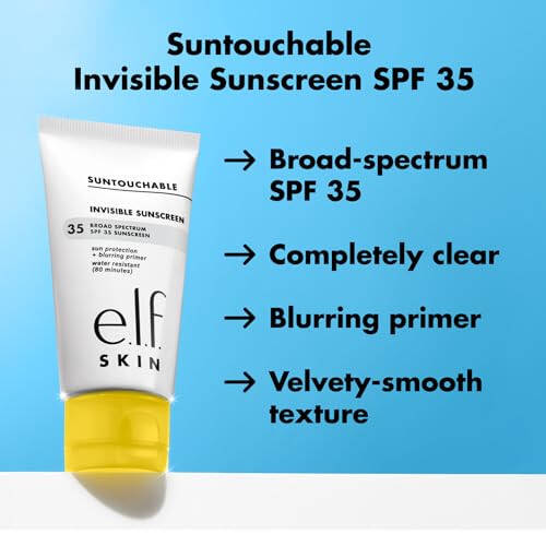 e.l.f. SKIN Suntouchable koʻrinmasdan SPF 35, yengil, jel asosidagi quyoshdan saqlovchi vosita. Teri silliq qiluvchi, shu bilan birga mekap tagida ham qoʻllaniladigan mahsulot. Vegan va hayvonlar ustida sinab koʻrilmagan. Oʻram oʻzgarishi mumkin - 3