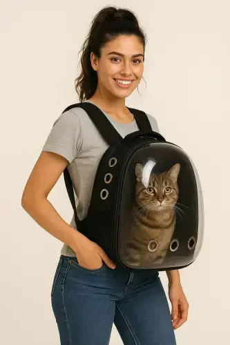 Astronot Şeffaf Pencereli Kedi Taşıma Sırt Çantası – Uçak, Kabin Uyumlu, 9 Hava Kanallı, Konforlu-siyah - KSBURDA (1)