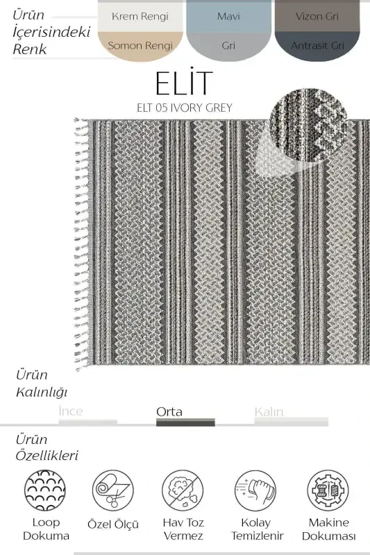 Elit 05 Kulrang Bukle Salon Gilami Etnik Oshxona Gilami To'quv Gilam Yo'lak Dekorativ Koridor Gilami Sss-Kulrang 4 - 3