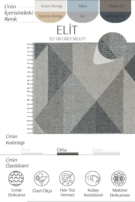 Elit 08 Gri Bukle Salon Halı Modern Mutfak Halı Geometrik Halı Yolluk Dekoratif Koridor Halısı(xxx) - Gri 5 - 3