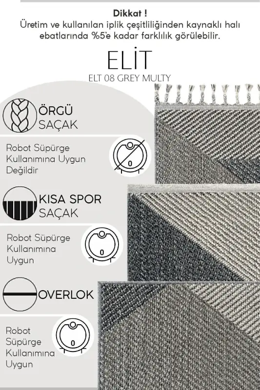 Elit 08 Gri Bukle Salon Halı Modern Mutfak Halı Geometrik Halı Yolluk Dekoratif Koridor Halısı(xxx) - Gri 5 - 4