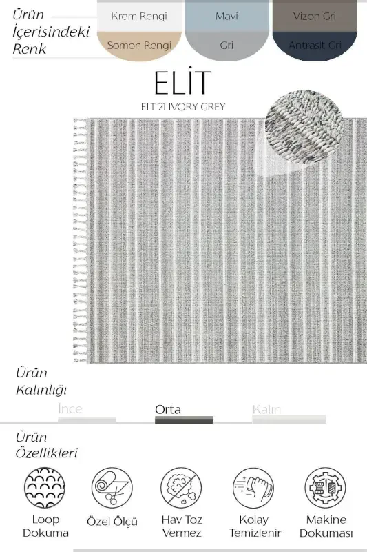 Elit 21 Ivory Gri Bukle Salon Halısı Etnik Mutfak Halısı Dokuma Yolluk Dekoratif Koridor Halısı Sss-Gri 8 - 2