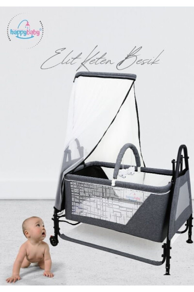 Elit Keten Beşik - Portatif - Sallanabilir - Oyuncaklı - Anne Yanı - Bebek Besik - Füme - HAPPY BABY
