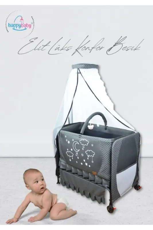 Elit Lüks Konfor Beşik - Portatif - Sallanabilir - Silinebilir - Anne Yanı Bebek Besik - Antrasit - HAPPY BABY