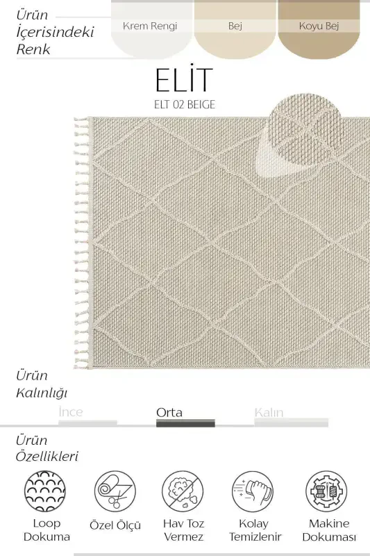 Elite 02 Beige Boucle Rug Modern Kitchen Rug Geometric Rug Runner Decorative Hallway Carpet-Beige 2 - 3