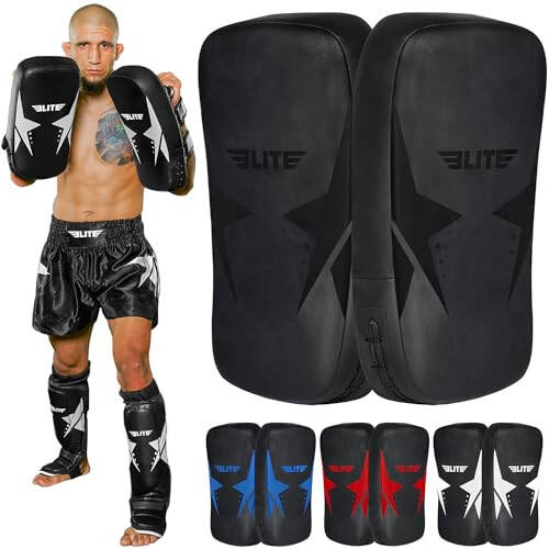 Elite Sports Muay Thai Kickboxing Curved Training Kick Pads Coaching Kick Boxing, MMA, Taekwondo, Karate Punching, Knee, Foot and Elbow Target Kicking Strike Shield Pad Pair for Martial Arts - 1