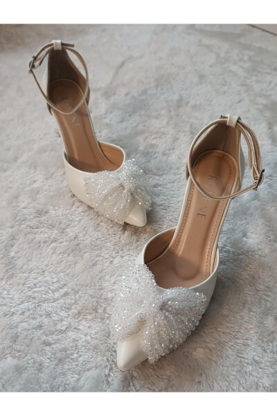 Eliz Knit Bow Detail White Stiletto Wedding Shoes 8.5 Cm - 1