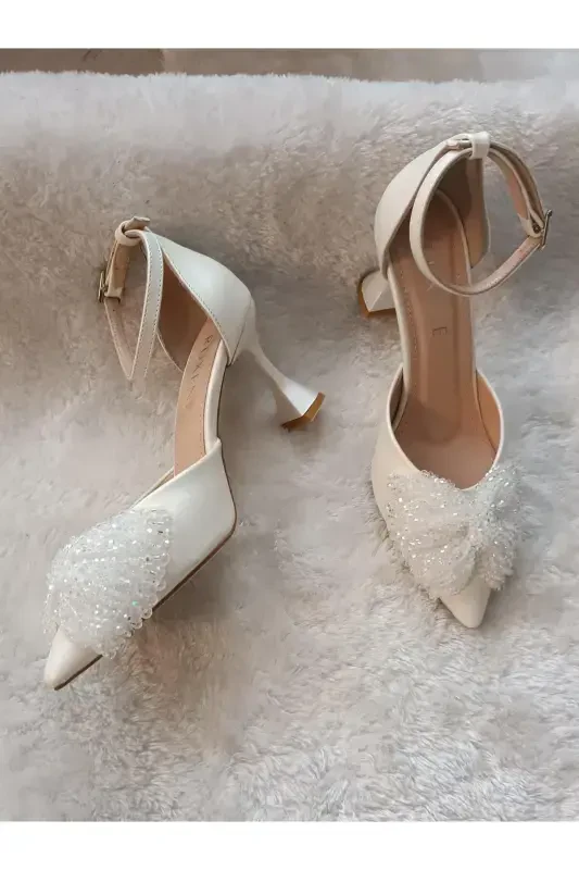 Eliz Knit Bow Detail White Stiletto Wedding Shoes 8.5 Cm - 6