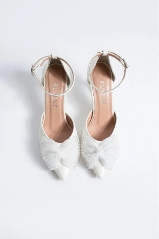 Eliz Knit Bow Detail White Stiletto Wedding Shoes 8.5 Cm - 4