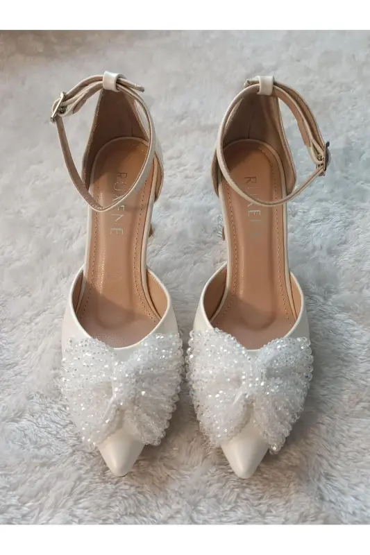 Eliz Knit Bow Detail White Stiletto Wedding Shoes 8.5 Cm - 6