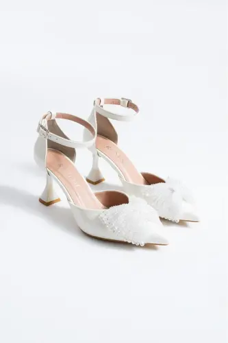 Eliz Knit Bow Detail White Stiletto Wedding Shoes 8.5 Cm - 2
