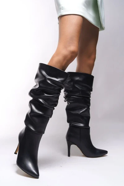 Elizlaurel Women's Pleated Boot 00123700 Black Leather - RICCON