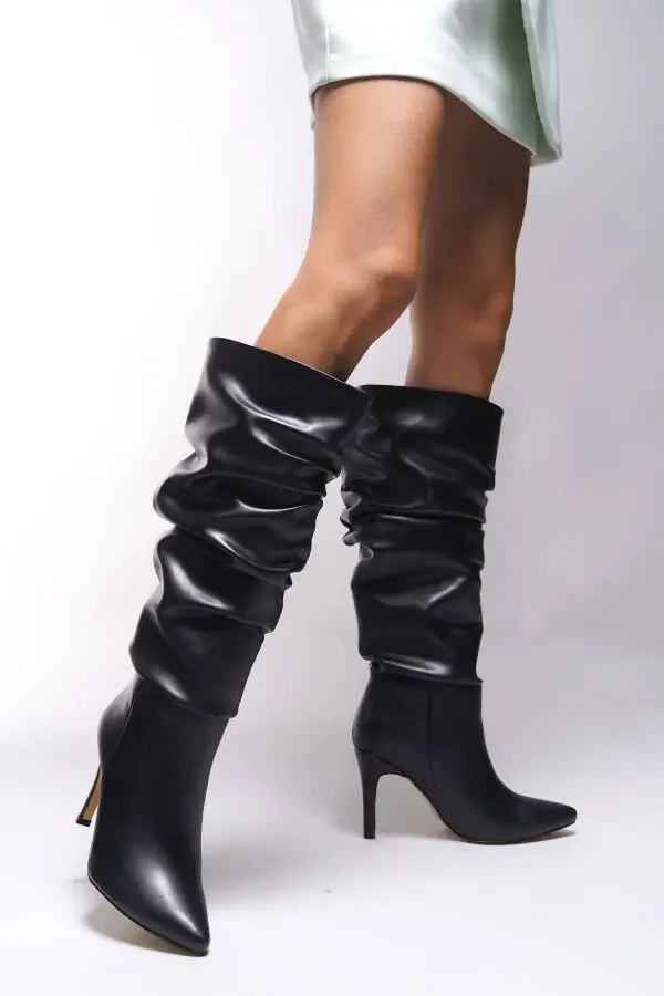 Elizlaurel Women's Pleated Boot 00123700 Black Leather - 1