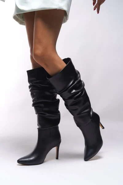 Elizlaurel Women's Pleated Boot 00123700 Black Leather - 5