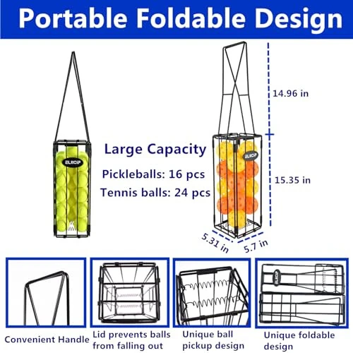 ELKCIP Portable Pickleball & Tennis Ball Collector - Pickleball Retriever Basket Carrier Gatherer Picker Hopper Container for Picking and Storage Training Tool for Ball - ELKCIP (1)