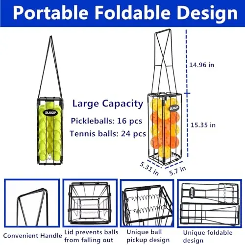 ELKCIP Portable Pickleball & Tennis Ball Collector - Pickleball Retriever Basket Carrier Gatherer Picker Hopper Container for Picking and Storage Training Tool for Ball - 2