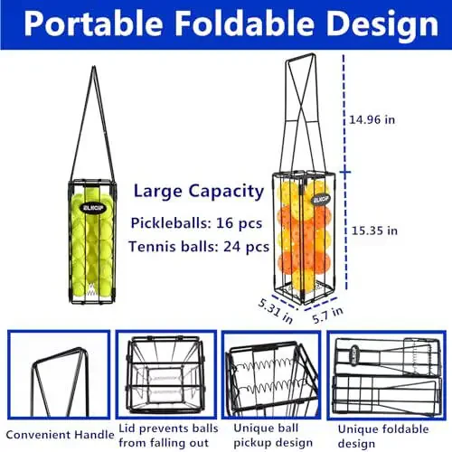 ELKCIP Portable Pickleball & Tennis Ball Collector - Pickleball Retriever Basket Carrier Gatherer Picker Hopper Container for Picking and Storage Training Tool for Ball - 2