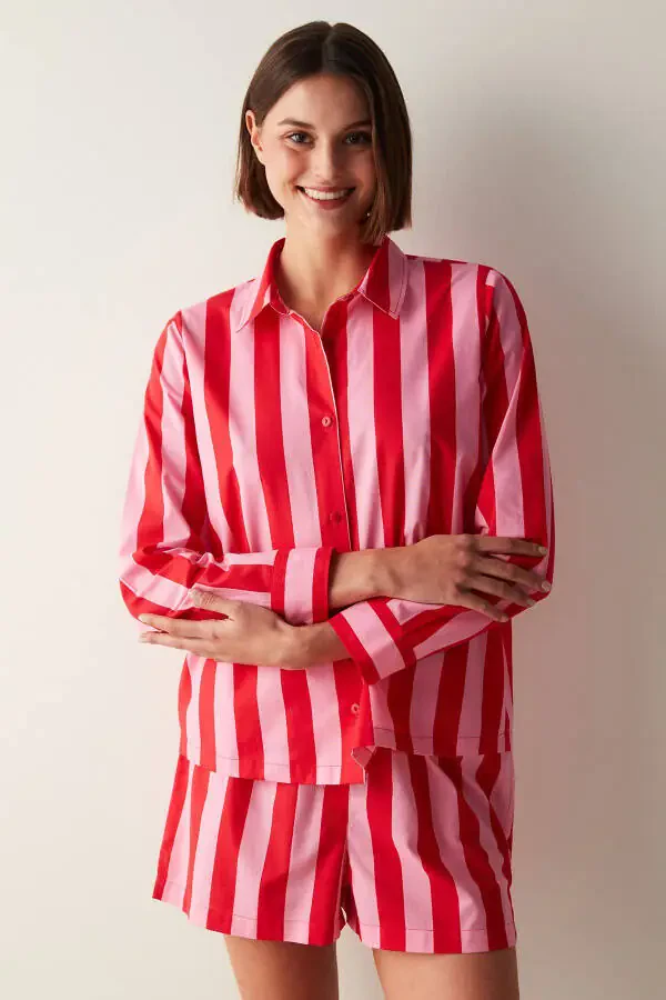 Elle Rangli Chiziqli Qizil Ko'ylak Shortish Pajama To'plami - 4