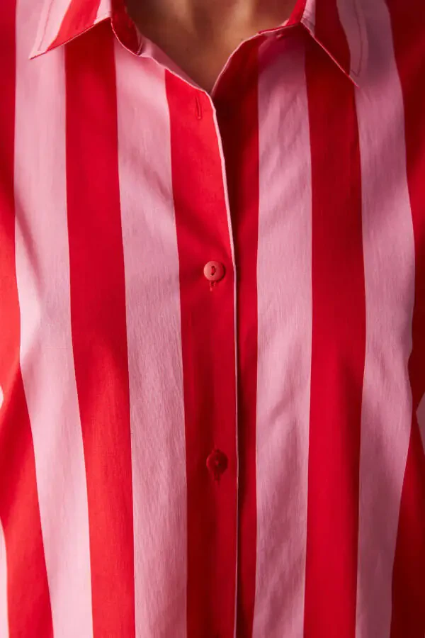 Elle Rangli Chiziqli Qizil Ko'ylak Shortish Pajama To'plami - 6