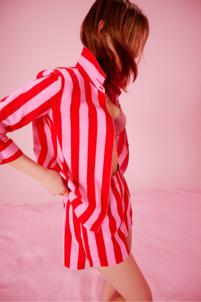 Elle Colored Stripe Kırmızı Gömlek Şort Pijama Takımı - Kırmızı - 13