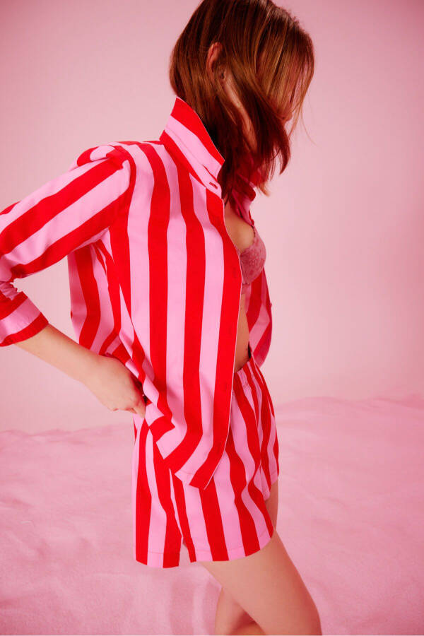 Elle Colored Stripe Kırmızı Gömlek Şort Pijama Takımı - Kırmızı - 7