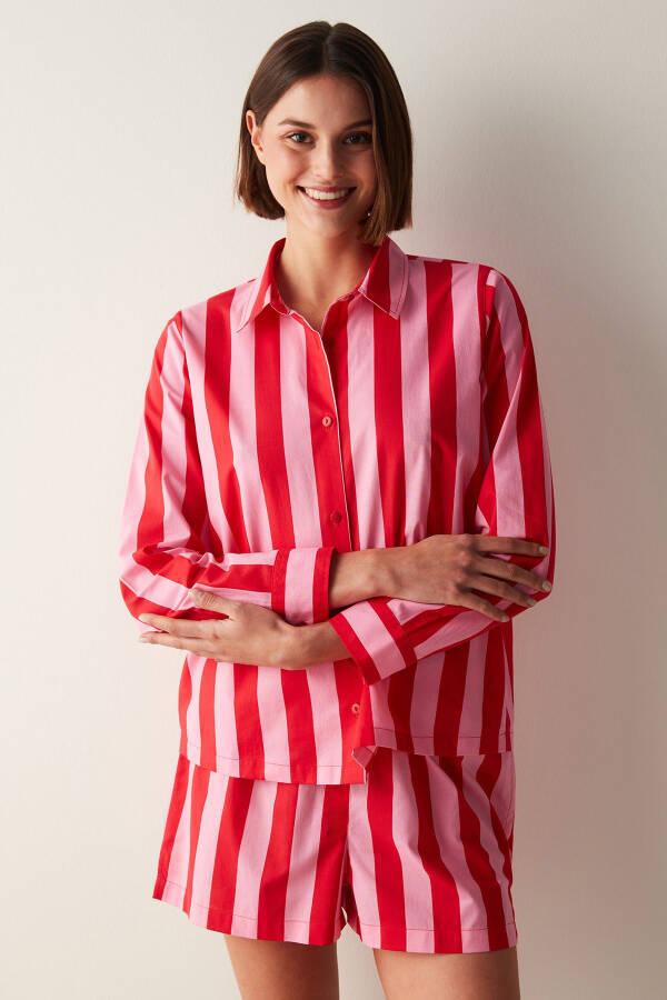 Elle Colored Stripe Kırmızı Gömlek Şort Pijama Takımı - Kırmızı - 10