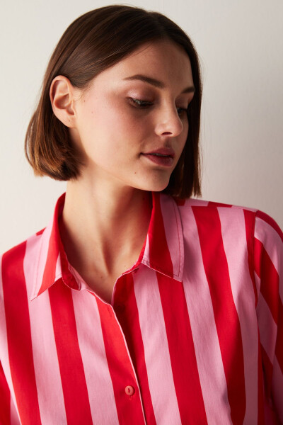 Elle Colored Stripe Kırmızı Gömlek Şort Pijama Takımı - Kırmızı - 11