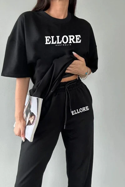 Ellore T-shirt Eşofman Altı Jogger- Siyah Baskılı Alt Üst Eşofman Takımı Oversize Bisiklet Yaka-Siyah - DUBU BUTİK (1)