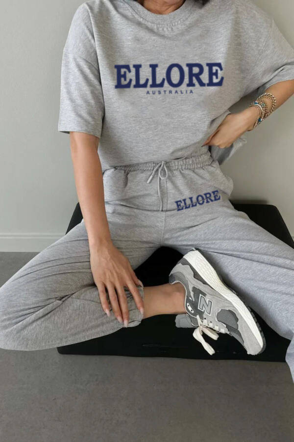 Ellore T-shirt Jogger Pants - Grey Printed Top and Bottom Tracksuit Set Oversize Crew Neck - 2