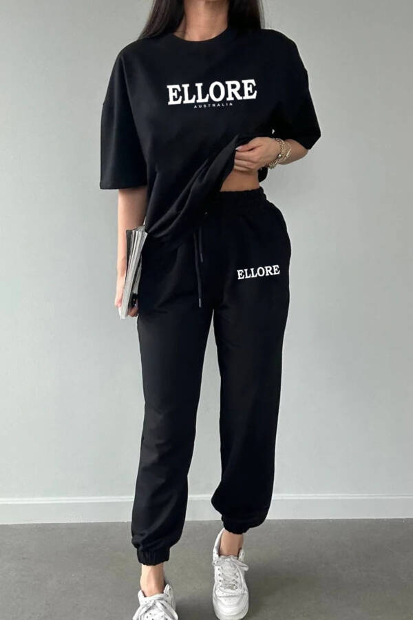 Ellore T-shirt Jogger Set - Black Printed Oversized Bicycle Neck Sweatsuit - 1