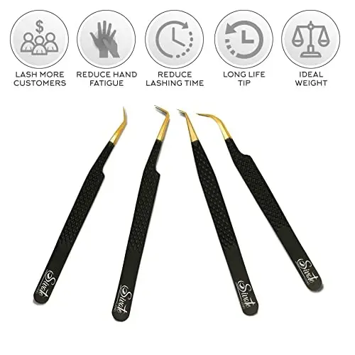 SIVOTE Fiber Tip Lash Tweezers for Eyelash Extensions with Diamond Grip, Black, Set of 4 - Precise Tips Japanese Steel for Classic, Volume & Mega Volume Lashes, Anti-Rust - Ideal for Lash Artists - 2