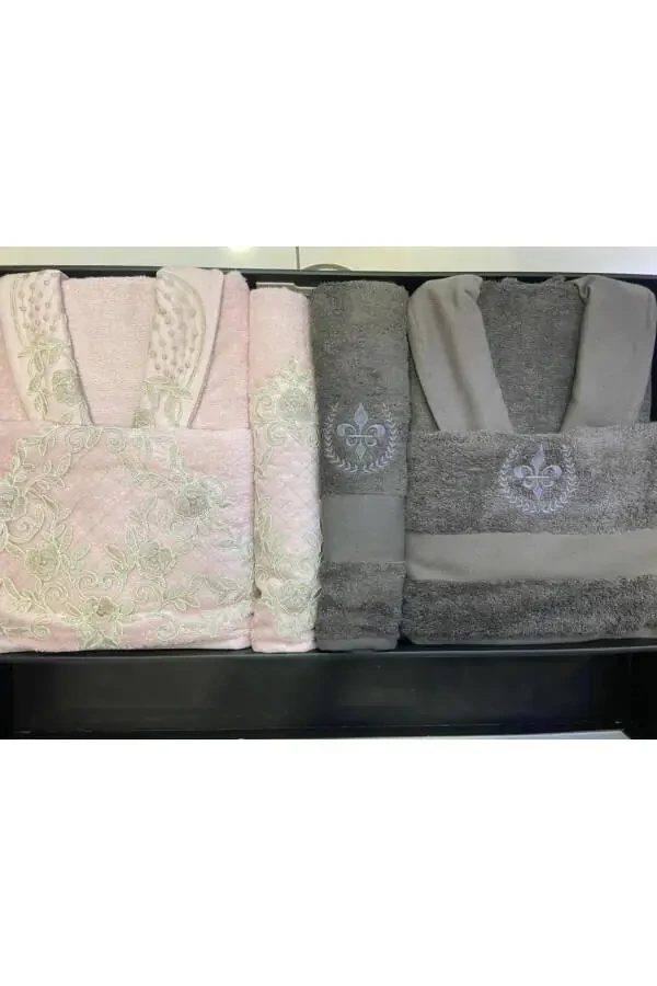 ELSA BAMBOO LACE EMBROIDERED FAMILY BATHROBE SET POWDER/GREY - 1