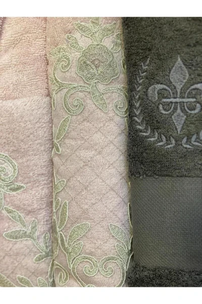 ELSA BAMBU DANTELLİ NAKIŞLI AİLE BORNOZ SETİ PUDRA/GRİ - ÇIRPAN EV (1)