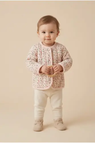 Elsa Kız Bebek Çiçek Desenli Polarlı Ceket - yavruağzı - 4