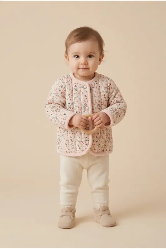 Elsa Kız Bebek Çiçek Desenli Polarlı Ceket - yavruağzı - 4
