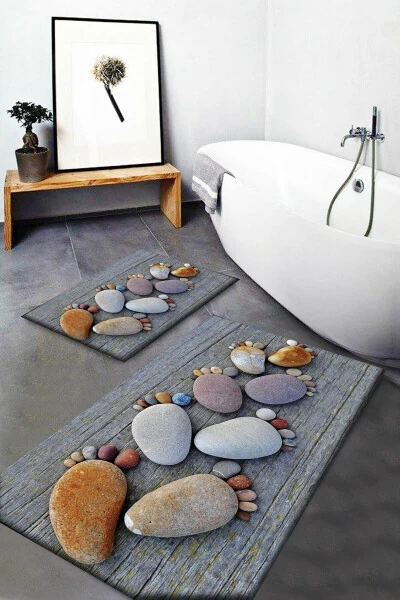 Else Grey Foot Stone Patterned Washable Non-Slip Bath Mat Rug Toilet Set - ELSE HALI