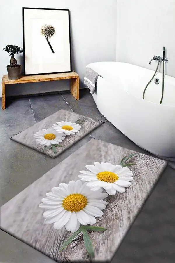 Else Grey Yellow Daisies Patterned Washable Non-Slip Bath Mat Set - 1