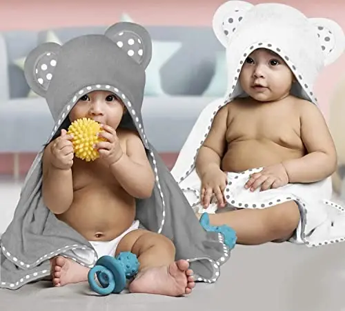 ELSVIN 2 ta kapüşonli chaqaloq sochiqlari to'plami – Oq va kulrang – Hashamatli, katta va super absorbent – 30 x 30 dyuym – Yumshoq va go'daklar, yosh bolalar va bolalar uchun mos – 400 GSM - 2