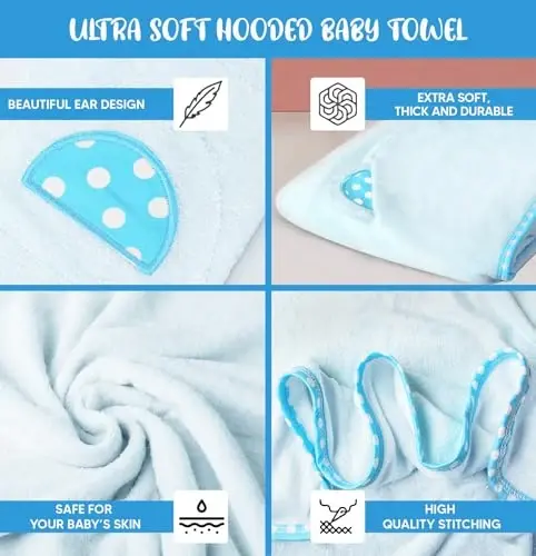 ELSVIN Set of 2 Hooded Baby Towels – Blue – Luxurious, Large and Super Absorbent – 30 x 30 Inch – Soft and Suitable for Infants, Toddlers and Kids – 400 GSM - 4