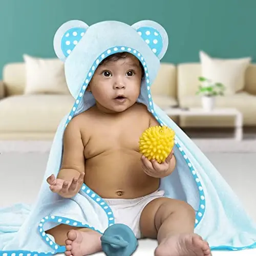 ELSVIN Set of 2 Hooded Baby Towels – Blue – Luxurious, Large and Super Absorbent – 30 x 30 Inch – Soft and Suitable for Infants, Toddlers and Kids – 400 GSM - 6