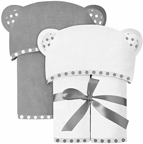 ELSVIN Set of 2 Hooded Baby Towels – White and Grey – Luxurious, Large and Super Absorbent – 30 x 30 Inch – Soft and Suitable for Infants, Toddlers and Kids – 400 GSM - ELSVIN