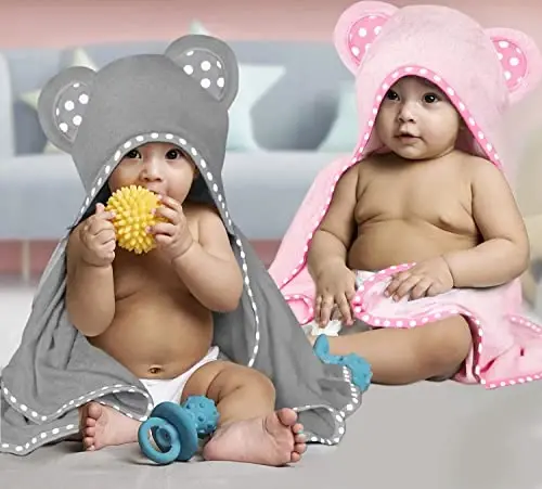 ELSVIN Set of 2 Hooded Baby Towels – Pink and Grey – Luxurious, Large and Super Absorbent – 30 x 30 Inch – Soft and Suitable for Infants, Toddlers and Kids – 400 GSM - 2
