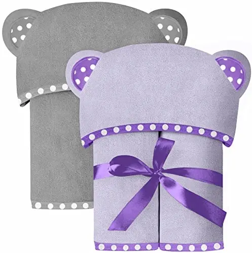 ELSVIN Set of 2 Hooded Baby Towels – Purple and Grey – Luxurious, Large and Super Absorbent – 30 x 30 Inch – Soft and Suitable for Infants, Toddlers and Kids – 400 GSM - 1