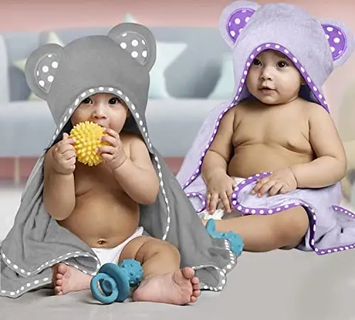 ELSVIN Set of 2 Hooded Baby Towels – Purple and Grey – Luxurious, Large and Super Absorbent – 30 x 30 Inch – Soft and Suitable for Infants, Toddlers and Kids – 400 GSM - ELSVIN (1)