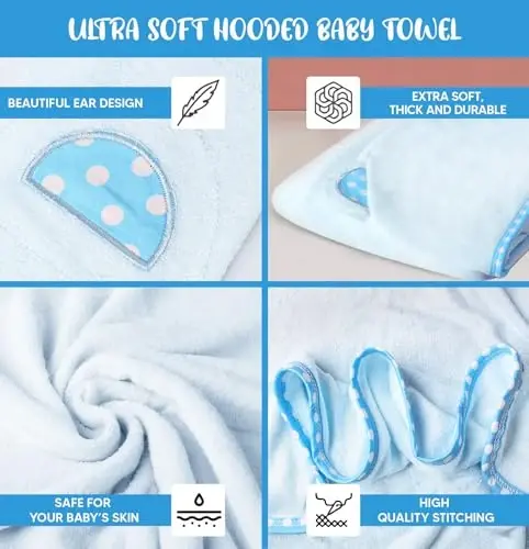 ELSVIN Set of 2 Hooded Baby Towels – Blue and Grey – Luxurious, Large and Super Absorbent – 30 x 30 Inch – Soft and Suitable for Infants, Toddlers and Kids – 400 GSM - 3