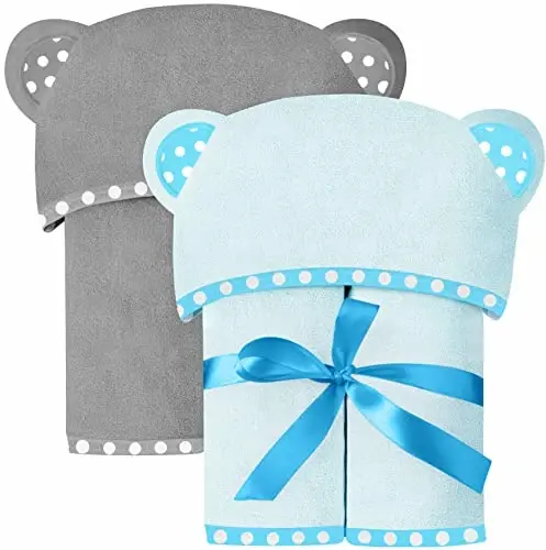 ELSVIN Set of 2 Hooded Baby Towels – Blue and Grey – Luxurious, Large and Super Absorbent – 30 x 30 Inch – Soft and Suitable for Infants, Toddlers and Kids – 400 GSM - 1