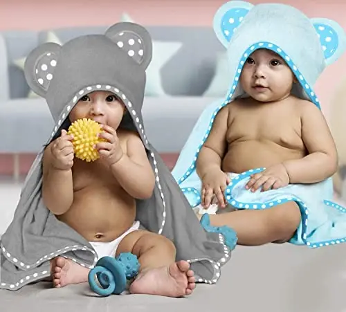 ELSVIN Set of 2 Hooded Baby Towels – Blue and Grey – Luxurious, Large and Super Absorbent – 30 x 30 Inch – Soft and Suitable for Infants, Toddlers and Kids – 400 GSM - 2