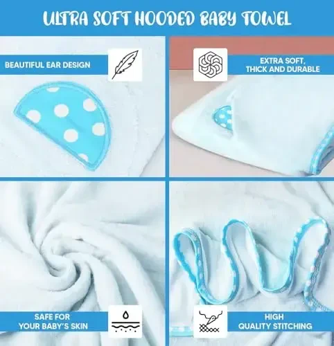 ELSVIN Set of 2 Hooded Baby Towels – Blue – Luxurious, Large and Super Absorbent – 35 x 35 Inch – Soft and Suitable for Infants, Toddlers and Kids – 400 GSM - 3